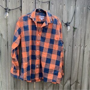 Amazon Essentials Men's Casual Orange and Blue Plaid Shirt